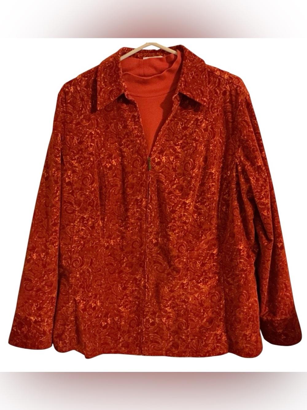 CJ Banks 2X Rust Orange Paisley Corduroy Zip Jacket Stretch Cotton Fall Boho